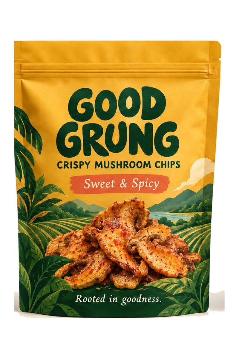 Good Grung Sweet and Spicy Mushroom Chips packaging concept